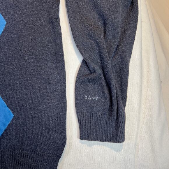 Gant Vintage Made in Hong Kong 100% Cotton Blue Argyle V-Neck Sweater Men's XXL - Picture 4 of 10